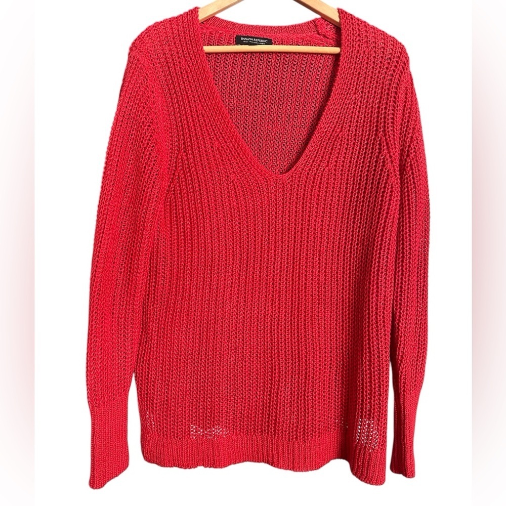 Banana Republic Italian Linen lng sleeve vneck coral loose knit tunic sweater XL